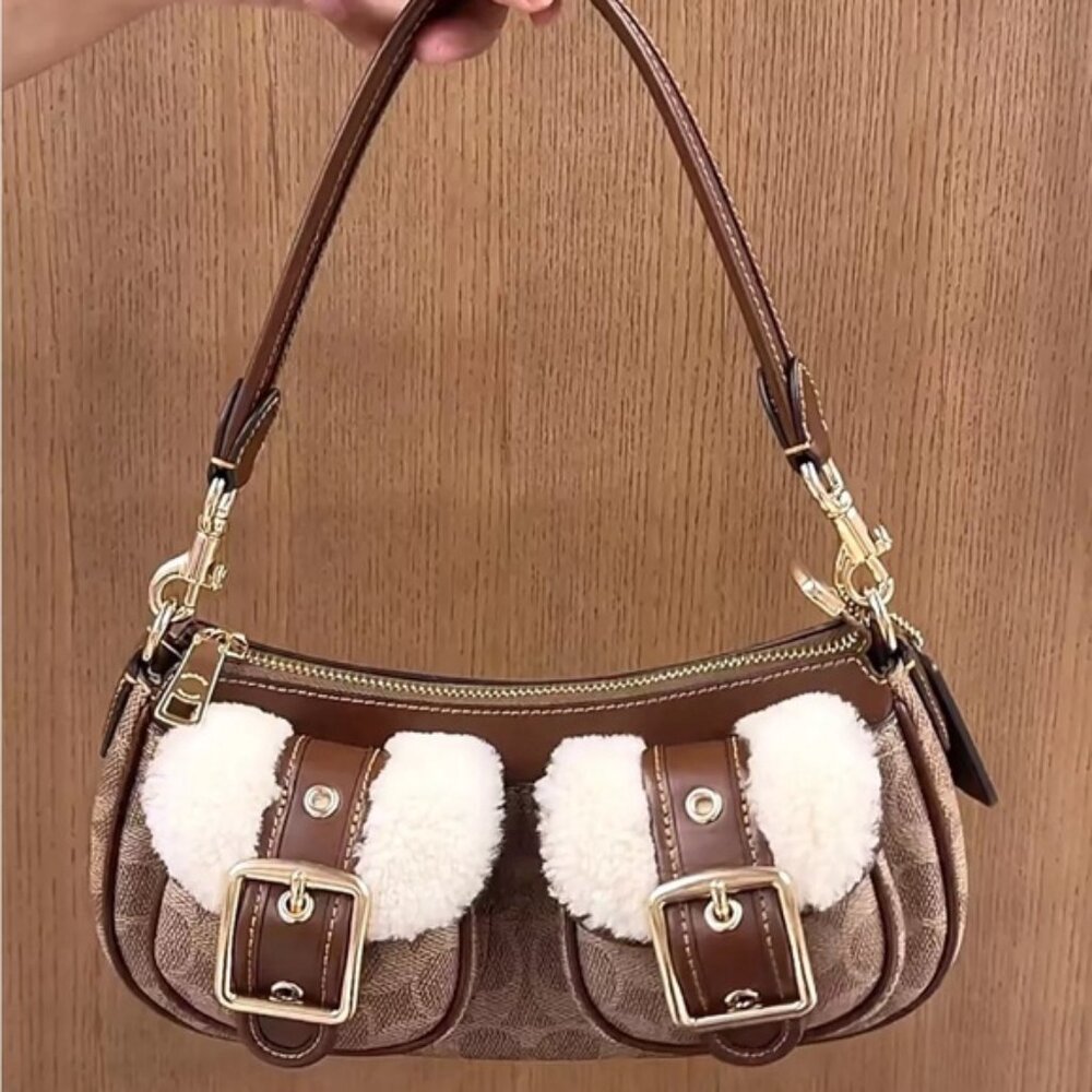 Coach Brown and Cream Shoulder Bag with Gold Accents